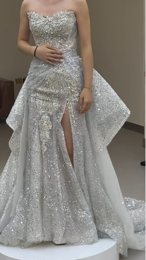 Strapless Sheath Slit Wedding Dresses Sequin Sleeveless Bridal Gowns HZ1024