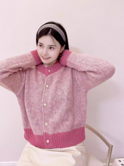 contrasting round neck knitted cardigan HZ1024