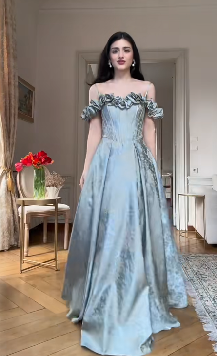 Off-the-Shoulder A-Line Green Long Prom Dresses Printed Satin Long Birthday Dresses Green Evening Dresses HZ1024