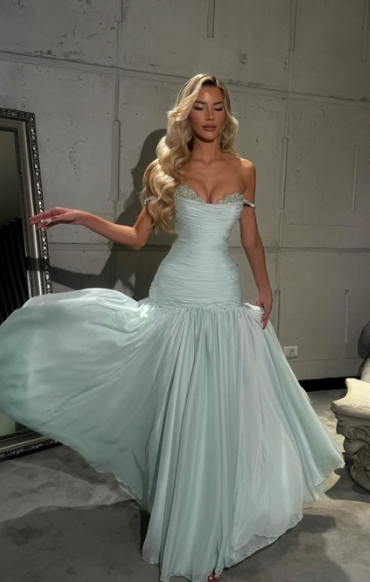Elegant Spaghetti Strap A-Line Tiffany Blue Long Prom Dresses Chiffon Sleeveless Formal Dresses Tiffany Blue Evening Dresses ED04821