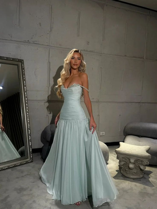 Elegant Spaghetti Strap A-Line Tiffany Blue Long Prom Dresses Chiffon Sleeveless Formal Dresses Tiffany Blue Evening Dresses ED04821