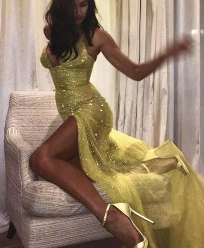 Spaghetti Strap Sheath Yellow Long Prom Dresses Tulle Sequin Formal Dresses Yellow Evening Dresses HZ1024