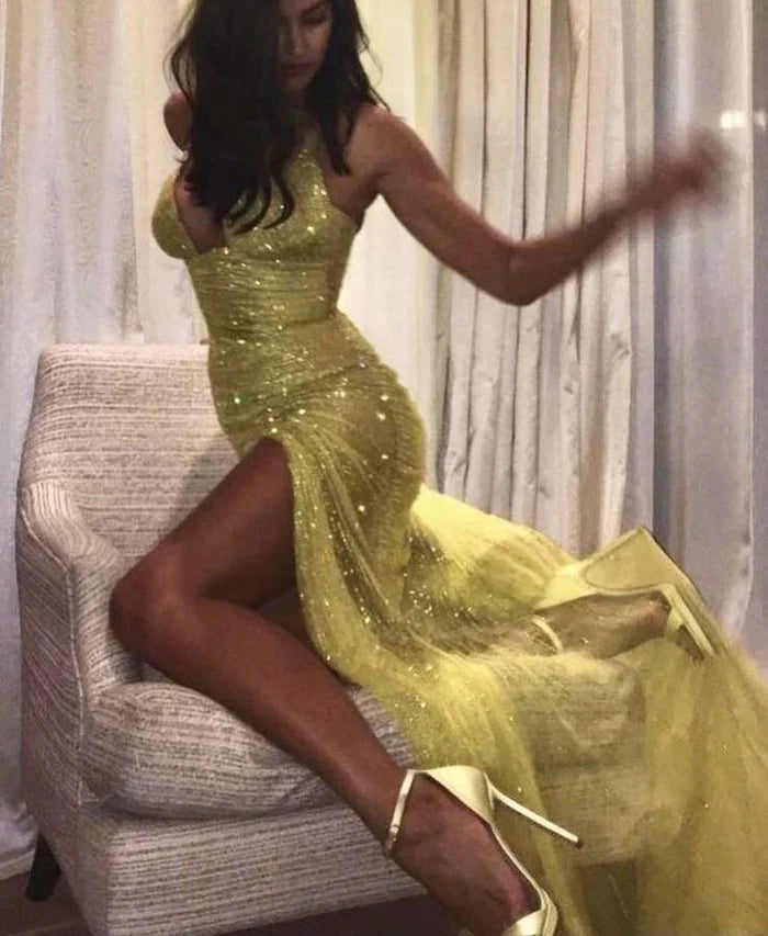 Chic Spaghetti Strap Sheath Yellow Long Prom Dresses Tulle Sequin Formal Dresses Yellow Evening Dresses ED04823