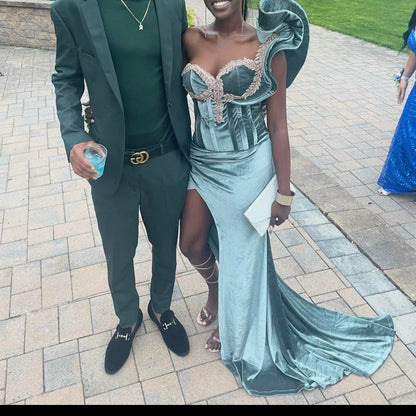 Sexy One Shoulder Sheath Green Long Prom Dresses Velvet Sleeveless Formal Dresses Green Evening Dresses ED04825