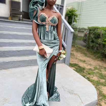 One Shoulder Sheath Green Long Prom Dresses Velvet Sleeveless Formal Dresses Green Evening Dresses HZ1024