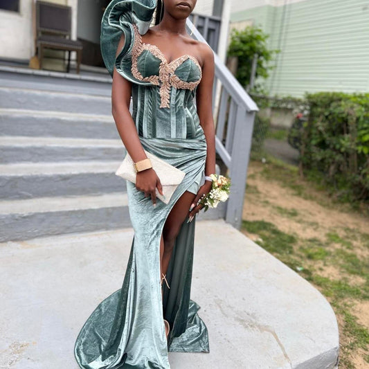 One Shoulder Sheath Green Long Prom Dresses Velvet Sleeveless Formal Dresses Green Evening Dresses HZ1024