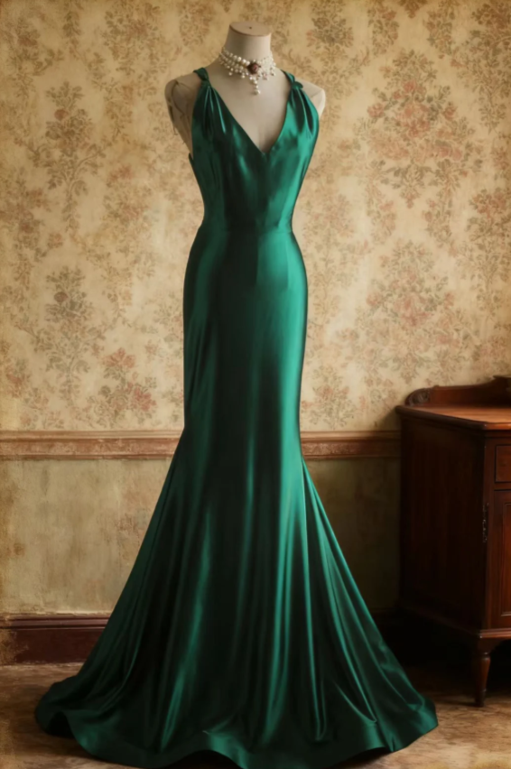 V-neck Mermaid Green Long Prom Dresses Satin Green Long Formal Dresses Sleeveless Wedding Guest Dresses HZ1024