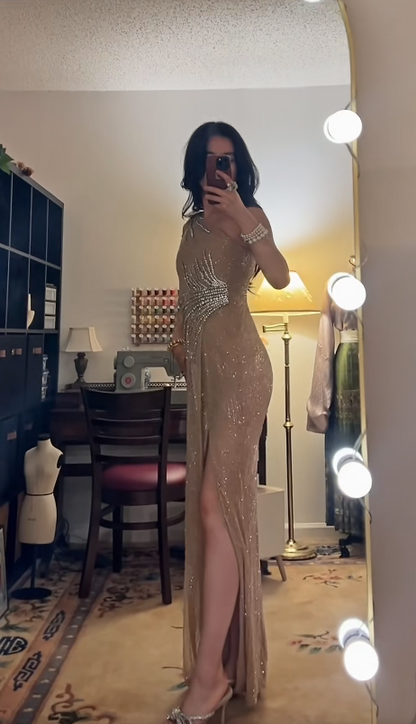 Elegant One Shoulder Sheath Long Prom Dresses Rhinestone Tulle Champagne Formal Dresses Champagne Halloween Dresses ED04836