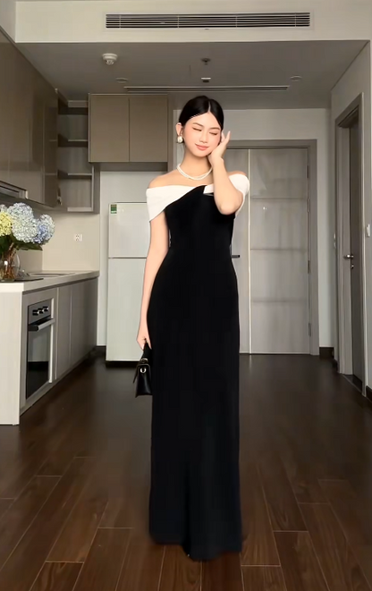 Off-the-shoulder Sheath Long Formal Dresses Satin Black Evening Dresses HZ1024
