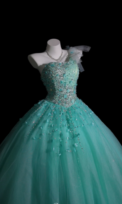 Fairy One-Shoulder Ball Gown Turquoise Long Prom Dresses Beaded Tulle Turquoise Quinceanera Dresses Sweet 16 Dress ED04841