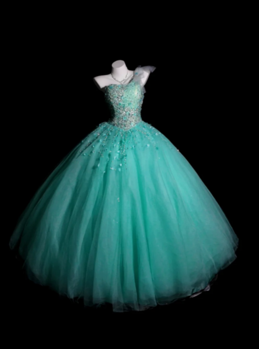 One-Shoulder Ball Gown Turquoise Long Prom Dresses Beaded Tulle Turquoise Quinceanera Dresses Sweet 16 Dress HZ1024