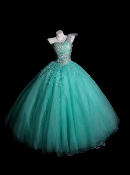 One-Shoulder Ball Gown Turquoise Long Prom Dresses Beaded Tulle Turquoise Quinceanera Dresses Sweet 16 Dress HZ1024