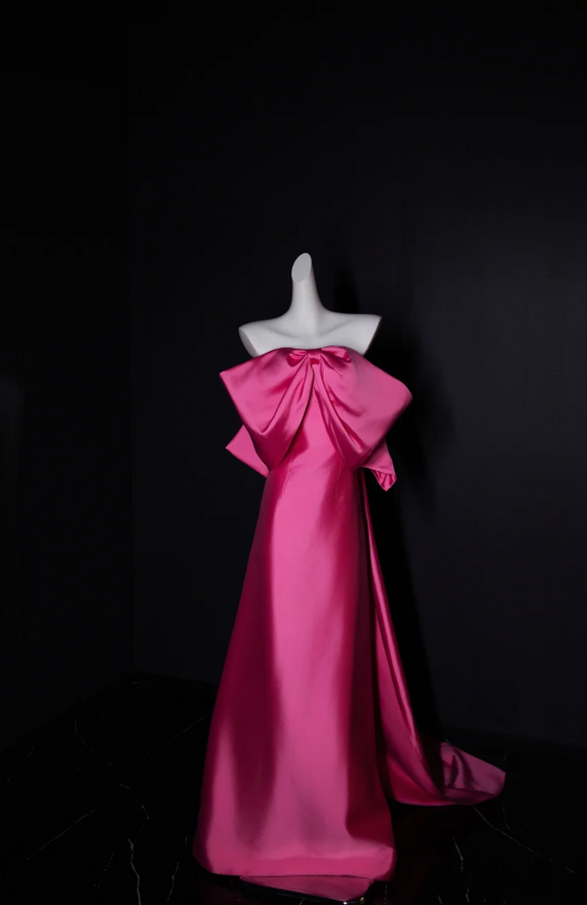 Strapless Sheath Hot Pink Long Prom Dresses Satin Hot Pink Evening Dresses HZ1024