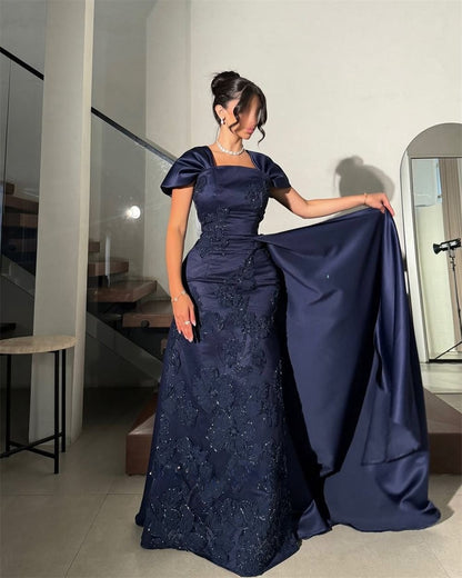 Elegant Square Neck Sheath Navy Blue New Year Evening Dresses Satin Applique Navy Blue Wedding Guest Dresses  ED04854