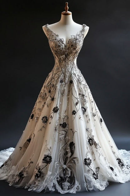 V-neck A-Line Tulle Long Prom Dresses Tulle Beaded Applique White Quincea?era Dresses 2025 Halloween Dress HZ1024