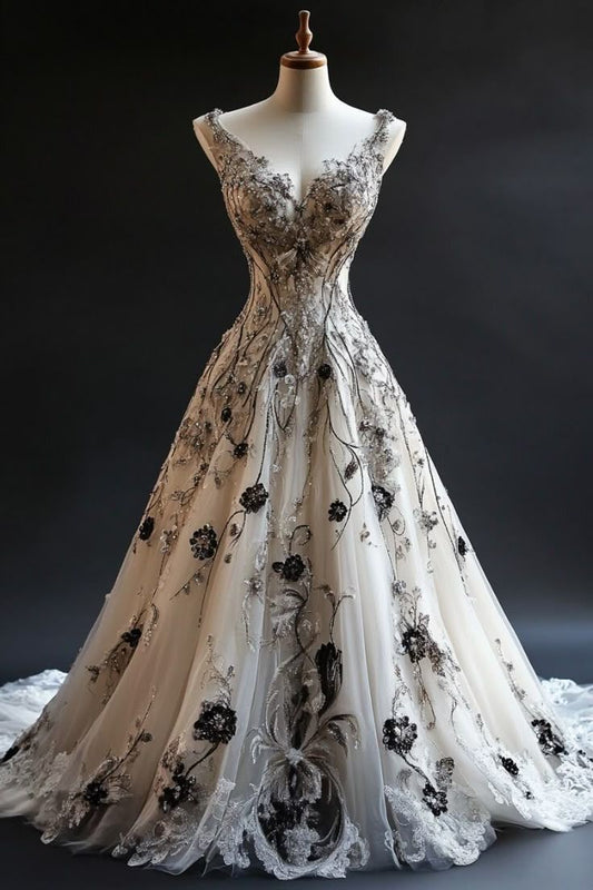 V-neck A-Line Tulle Long Prom Dresses Tulle Beaded Applique White Quincea?era Dresses 2025 Halloween Dress HZ1024