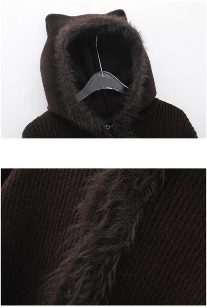 Hot Girl Style Coffee Cat Ear Hooded Knitted Cardigan ED0485