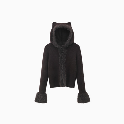 Hot Girl Style Coffee Cat Ear Hooded Knitted Cardigan ED0485