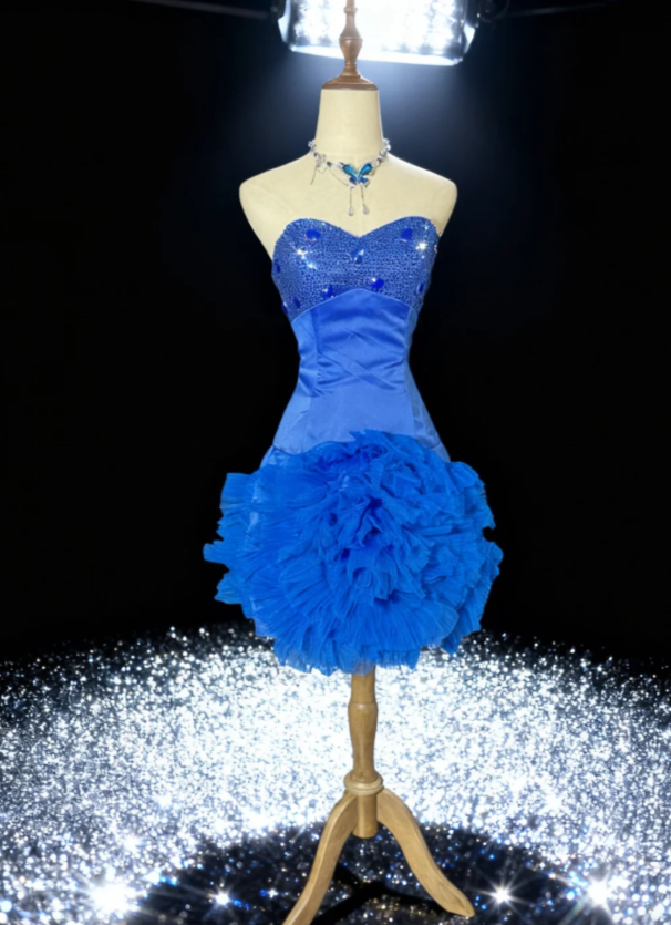 Sweetheart Homecoming Dresses Blue Bodycon Short Prom Dresses Satin Tulle Classic Blue Birthday Dresses HZ1024