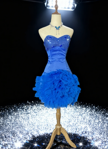 Vintage Sweetheart Homecoming Dresses Blue Bodycon Short Prom Dresses Satin Tulle Classic Blue Birthday Dresses ED04863