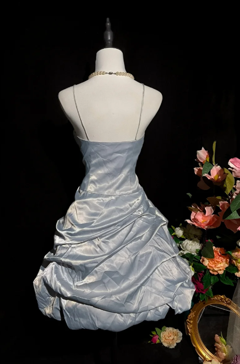 Vintage Spaghetti Strap Homecoming Dresses A-line Grey Short Prom Dresses Taffeta Grey Birthday Dresses ED04865