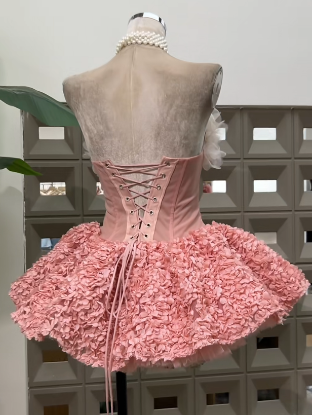 Strapless Ball Gown, Pink Short Prom Dresses, Tulle Applique Pink Birthday Dresses, Sleeveless Homecoming Dresses HZ1024