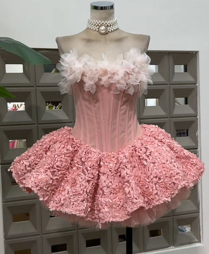 Strapless Ball Gown, Pink Short Prom Dresses, Tulle Applique Pink Birthday Dresses, Sleeveless Homecoming Dresses HZ1024
