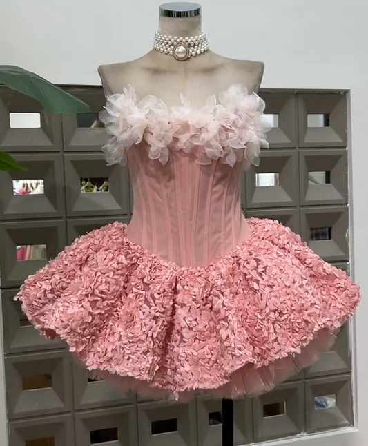 Strapless Ball Gown, Pink Short Prom Dresses, Tulle Applique Pink Birthday Dresses, Sleeveless Homecoming Dresses HZ1024