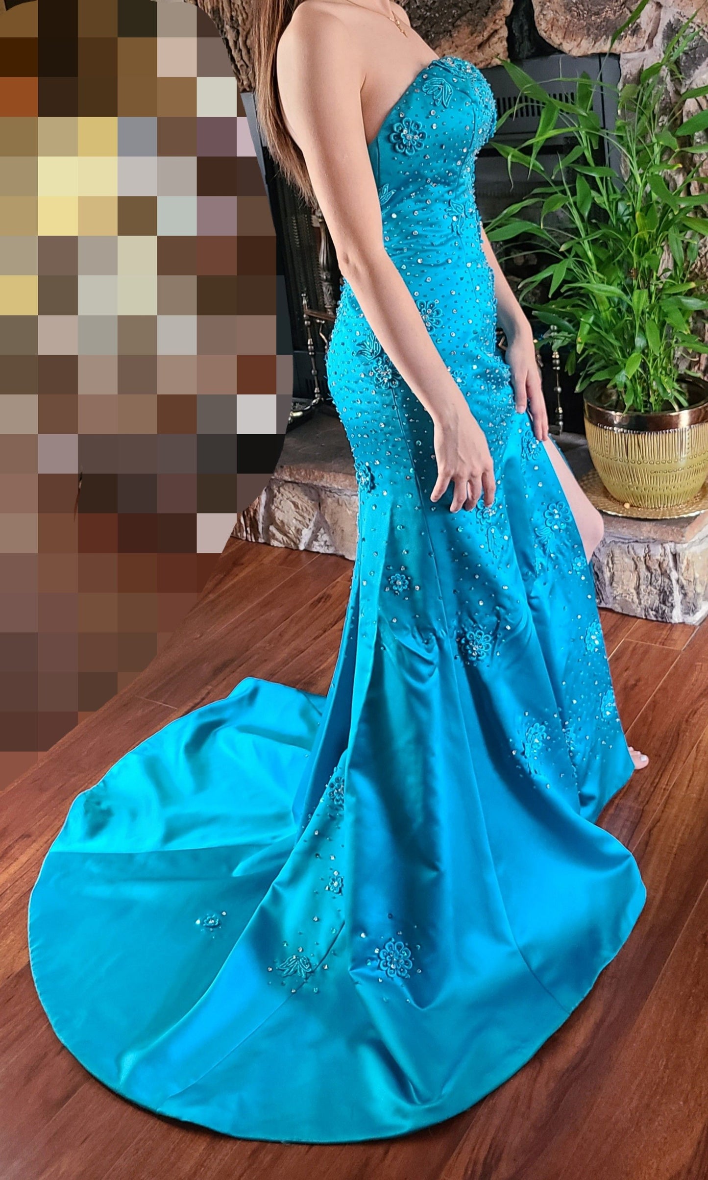 Chic Strapless Sheath Blue Long Prom Dresses Beaded Satin Blue Long Evening Dresses Applique Sleeveless Formal Dresses ED04871