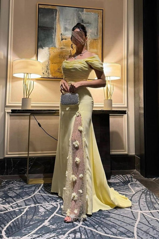 Off-the-shoulder Sheath Yellow Long Prom Dresses Chiffon Lace Evening Dresses Butter Yellow Wedding Guest Dresses HZ1024
