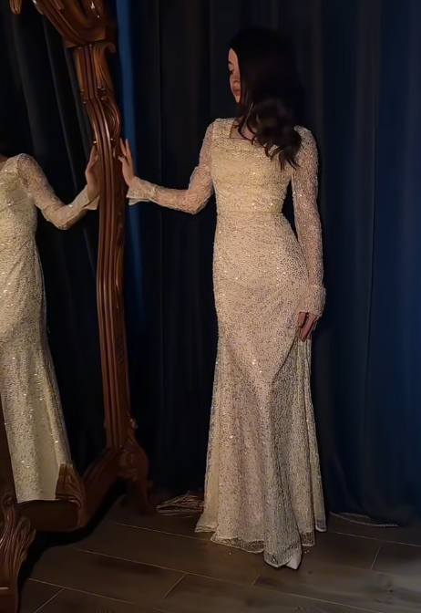 Square Neck Sheath Pale Yellow Long Prom Dresses Lace Sequin Pale Yellow Wedding Guest Dresses Long Sleeve Evening Dresses HZ1024