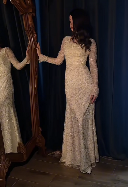 Square Neck Sheath Pale Yellow Long Prom Dresses Lace Sequin Pale Yellow Wedding Guest Dresses Long Sleeve Evening Dresses HZ1024