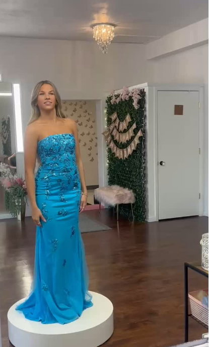 Elegant Strapless Sheath Blue Long Prom Dresses Applique Blue Long Evening Dresses ED04878