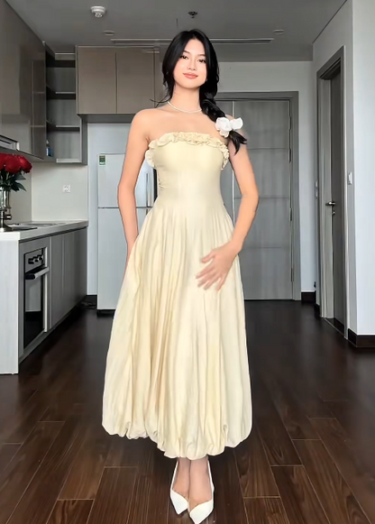 Strapless Sheath Pale Yellow Wedding Guest Dresses Satin Pale Yellow Formal Dresses 22nd Birthday Dresses HZ1024