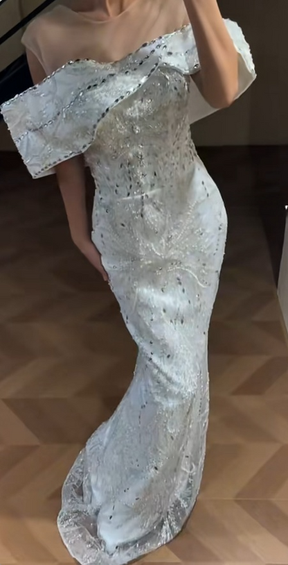 Off-the-shoulder Sheath White Long Prom Dresses Tulle Beaded White Wedding Guset Dresses HZ1024