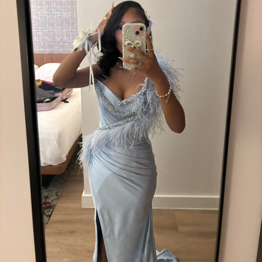 Elegant Sweetheart Sheath Blue Long Prom Dresses Satin Blue Long Evening Dresses ED04887
