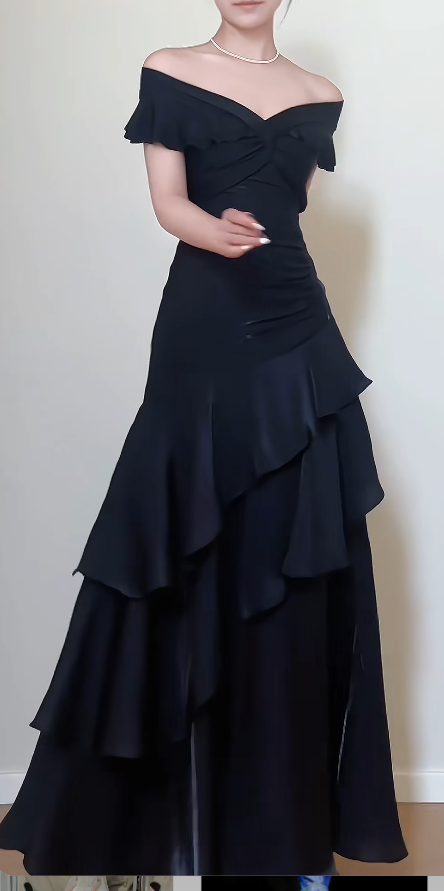 Off-the-shoulder Sheath Black Long Prom Dresses Satin Ruffle Black Long Evening Dresses HZ1024