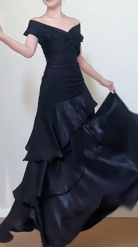 Chic Off-the-shoulder Sheath Black Long Prom Dresses Satin Ruffle Black Long Evening Dresses ED04889