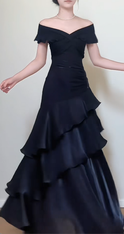 Off-the-shoulder Sheath Black Long Prom Dresses Satin Ruffle Black Long Evening Dresses HZ1024