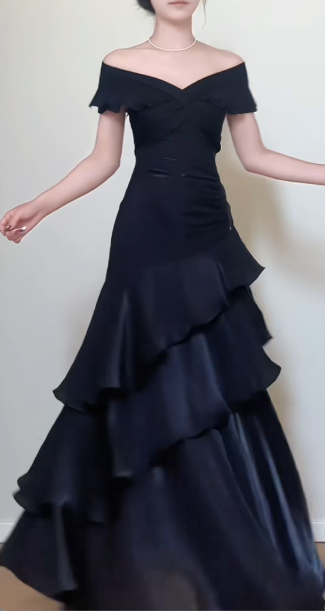 Chic Off-the-shoulder Sheath Black Long Prom Dresses Satin Ruffle Black Long Evening Dresses ED04889
