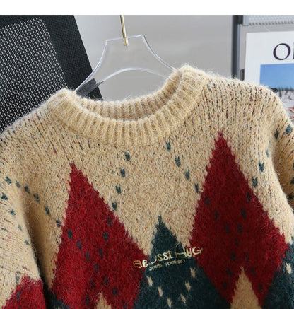 diamond contrast color round neck pullover sweater HZ1024