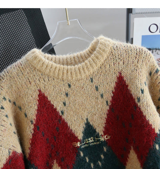 diamond contrast color round neck pullover sweater HZ1024