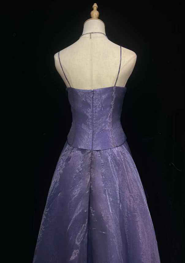 Vintage Spaghetti Strap A-Line Purple Long Prom Dresses Tulle Beaded Purple Long Evening Dresses ED04891
