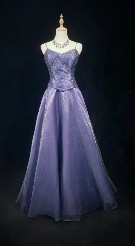 Vintage Spaghetti Strap A-Line Purple Long Prom Dresses Tulle Beaded Purple Long Evening Dresses ED04891