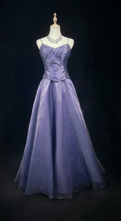 Vintage Spaghetti Strap A-Line Purple Long Prom Dresses Tulle Beaded Purple Long Evening Dresses ED04891