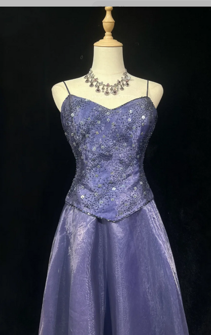 Vintage Spaghetti Strap A-Line Purple Long Prom Dresses Tulle Beaded Purple Long Evening Dresses ED04891