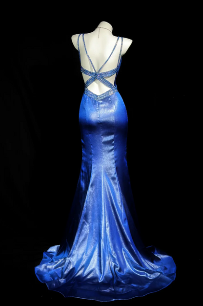 V-neck Mermaid Blue Long Prom Dresses Satin Blue Long Evening Dresses with Open Back HZ1024