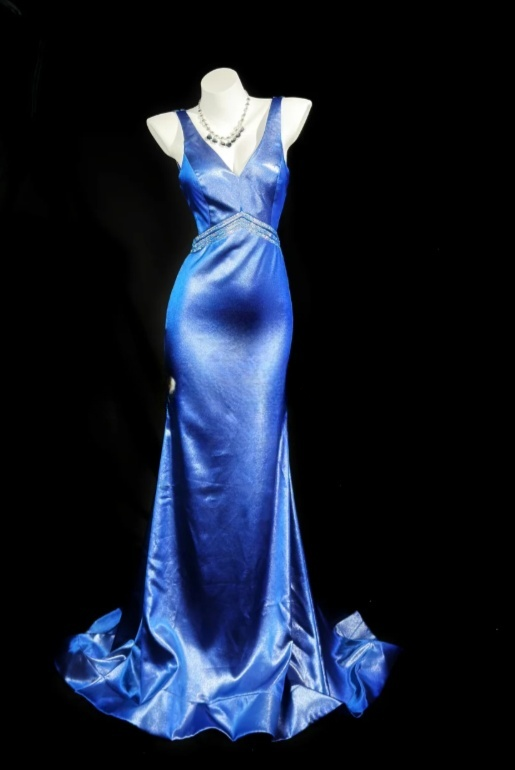 Vintage V-neck Mermaid Blue Long Prom Dresses Satin Blue Long Evening Dresses with Open Back ED04892