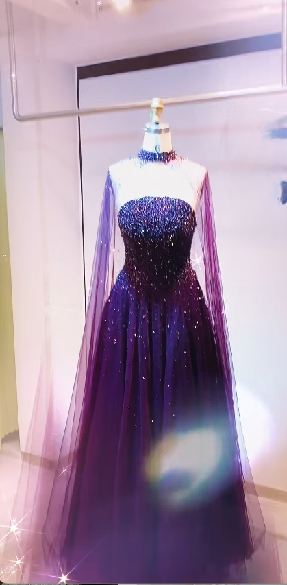 Glitter Strapless A-Line Dark Purple Long Prom Dresses Beaded Chiffon Dark Purple Long Evening Dresses ED04894