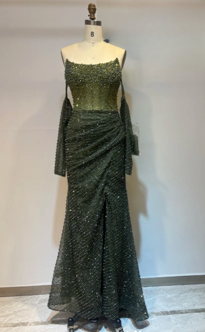 Elegant Off-the-shoulder Sheath Green Long Prom Dresses Beaded Tulle Green Long Evening Dresses ED04895